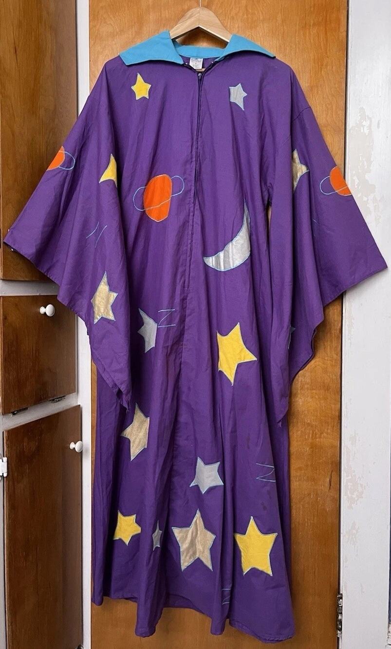 Vintage 90s Wizard Cape Robe Costume Halloween Stars Moon Celestial OS One Size